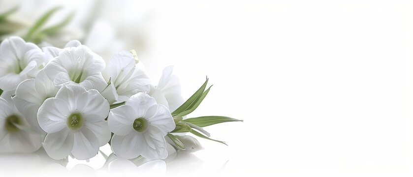   A group of white flowers arranged on a white surface with a mirror image of the blooms reflected in the surface