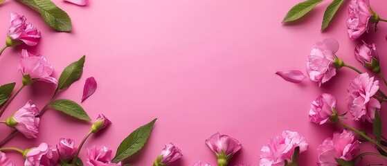   Pink flowers on a pink background with a green leafy branch on the left side and a pink background with a green leafy branch on the right