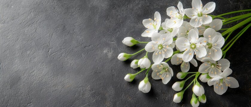   A group of white flowers rests on a black stone floor alongside a green leafy twig