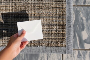 hand placing white envelope on a gray doormat