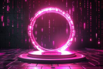 Technology hologram light podium background circular portal cyberpunk digital effect - obrazy, fototapety, plakaty