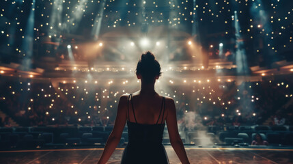 A woman with a melody for a soul, her movements weaving songs into a tapestry of sound, in a concert hall where the audience is the universe.