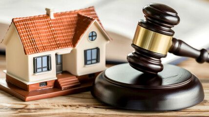 Miniature House on wooden table and judge gavel.