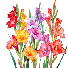 Vibrant Watercolor Gladiolus Bouquet with Tall Colorful Flower Spikes in a Botanical Floral Arrangement - obrazy, fototapety, plakaty
