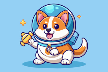 cute baby Corgi wearing a spacesuit is using its teeth to bite a bone-shaped toy