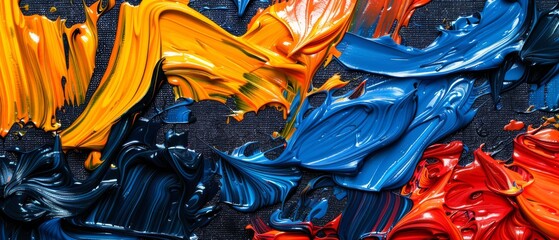   A palette of diverse hues of paint resting atop a dark cloth adorned with blue, yellow, red, orange, and black pigments