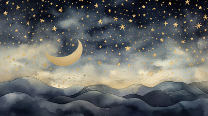 A sophisticated watercolor pattern of a starry midnight sky, enhanced with delicate gold foil stars and crescent moons - obrazy, fototapety, plakaty