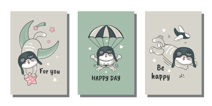 A set of birthday greeting cards, poster, invitation, template, greeting cards. Funny pilot cat. Vector design.