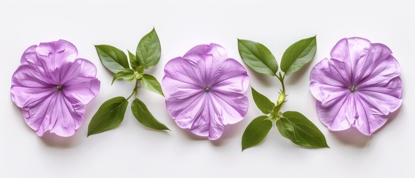   Four petunias with green foliage on a white backdrop, featuring text on the left side of the picture