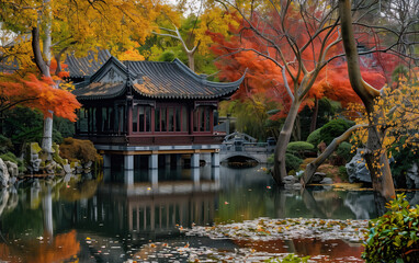 Autumn scenery of Suzhou gardens in China,created with Generative AI tecnology.