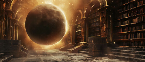 A forgotten library orbiting a black hole, its books containing the secrets of the universe, guarded by a silent, ancient astronomer. - obrazy, fototapety, plakaty