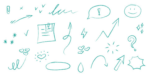 Hand drawn doodle vector set. Circle, heart, arrow, blank, exclamation point, question mark, check mark, snowflakes, clip, drop. Vector illustration.