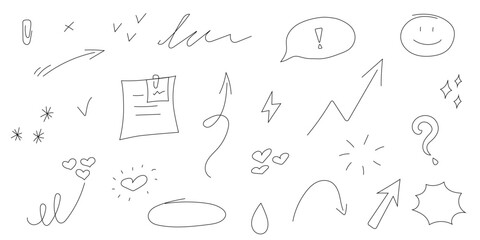 Hand drawn doodle vector set. Circle, heart, arrow, blank, exclamation point, question mark, check mark, snowflakes, clip, drop. Vector illustration.