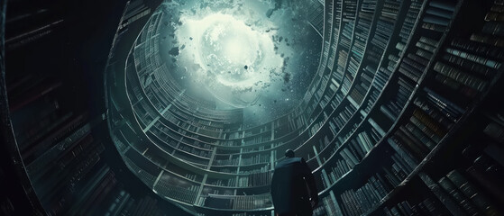 A forgotten library orbiting a black hole, its books containing the secrets of the universe, guarded by a silent, ancient astronomer.