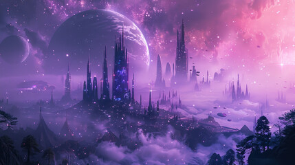 An ethereal city floating on a nebula, where the inhabitants ride comets around solar systems, and the night sky is their canvas of light. - obrazy, fototapety, plakaty