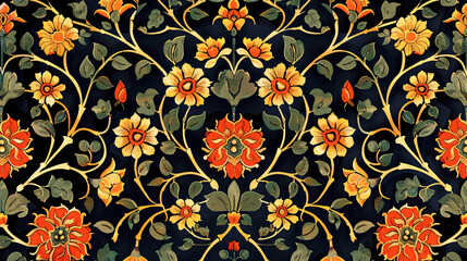 Fototapeta na wymiar Floral Mughal Indian Muslim Beautiful Seamless Symmetrical Pattern on Dark Colored Background Wallpaper Template 16:9