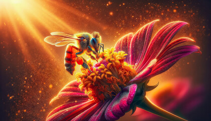 Bee on a Flower , macro photography , wildlife natural background. - obrazy, fototapety, plakaty