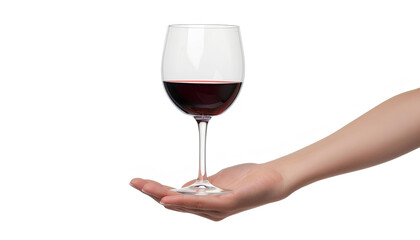 hand holding red wine glass isolated on white background
