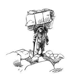 The porter in Nepal carries an extremely large load with a strap on his forehead in the traditional way, Walking along a rocky path leaning on a stick, Hand drawn illustration, Vector sketch