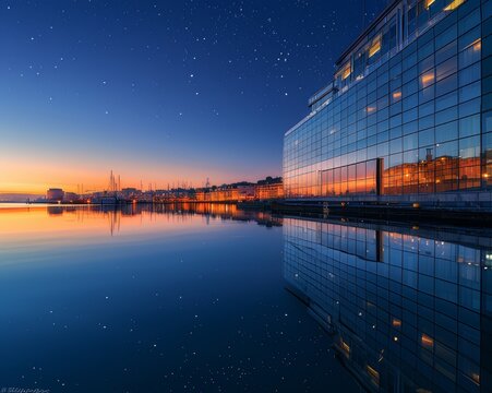 Port city with mirror reflection and starry sky