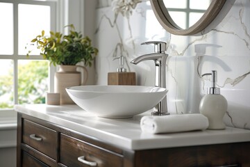 Focus on a contemporary freestanding vanity with a vessel sink and brushed nickel hardware.  - Powered by Adobe