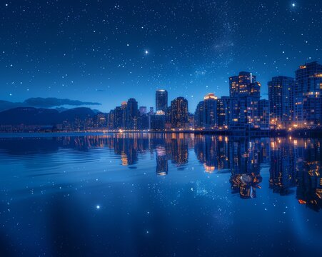 Port city with mirror reflection and starry sky