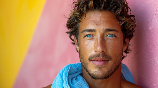 Portrait of a handsome tanned blond man after taking a shower with a towel on his shoulders, close-up of his face