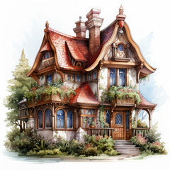 Fototapeta premium watercolor Kawaii Gingerbread House clipart, Generative Ai
