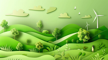 Paper art of world environment day, earth, green city, wind energy, tree, nature, renewable energies - 769813516