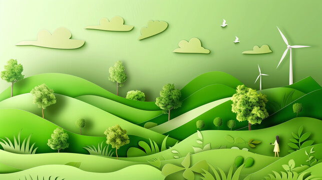Paper art of world environment day, earth, green city, wind energy, tree, nature, renewable energies