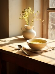 A bowl of broth soup sitting on a table, in soft and warm light
