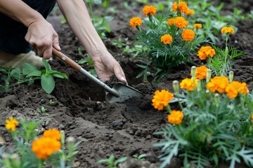 Fototapeta premium person digging soil with spade to plant marigolds