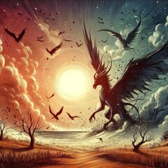 Mystical Dragon at Sunset: Birds Soar Amidst Radiant Skies and Enigmatic Shadows Over Wilderness
