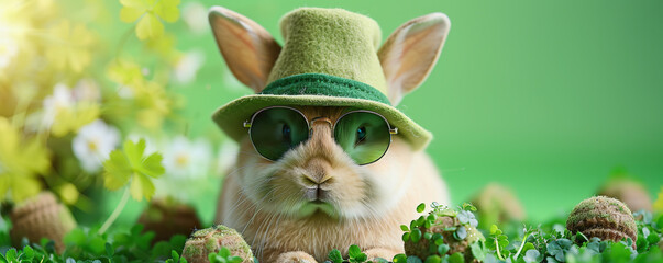 Obraz premium Cute rabbit wearing a St Patricks Day hat and sunglasses. St Patricks day sale or party banner.