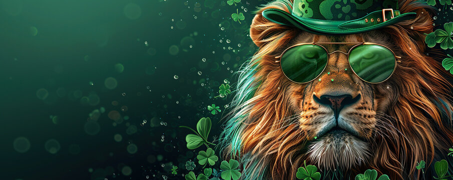 Cute lion wearing a St Patrick's Day hat and sunglasses. St Patrick's day sale or party banner