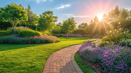 Foto op Aluminium Luxury landscape of wide beautiful garden design with green manicured lawn, beautiful flower beds and path © AI_images