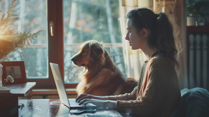 Nepal woman typing with laptop at home office for remote work. Freelancer woman at desk working with computer at home office. relaxing golden retriever dog far away at background - obrazy, fototapety, plakaty