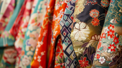 Detailed view of traditional Japanese kimonos with intricate floral patterns and bright colors