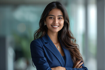 Fototapeta premium Portrait of a Confident Young Indian Businesswoman Standing in Office in a Blue Business Suit. Successful Corporate Manager Posing for Camera with Crossed Arms, Smiling Cheerfull
