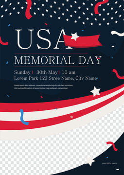 Design of the flyer of Memorial Day sale. Color background with air balloons and with a garland from American flags. American Memorial Day, civil war, labor day celebration poster, vector illustration