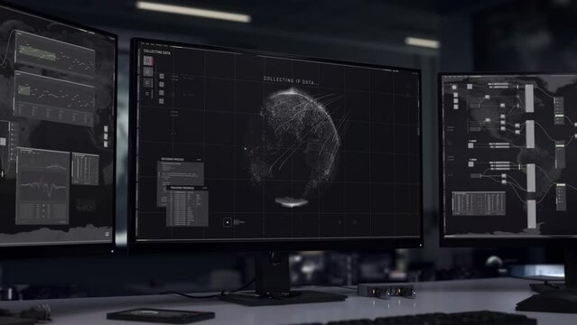 Running programming code for target satellite location coordinates analysis. Typing code for the cyber criminal location data analysis. Code analysing the collected secret data in a software.