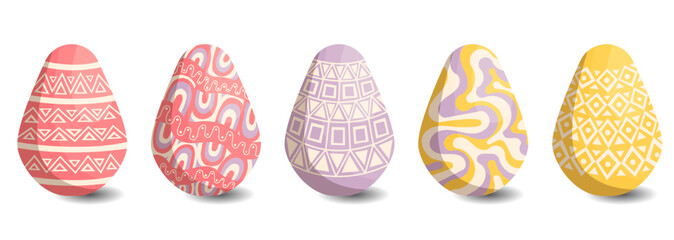 Eggs happy easter set cartoon. Set of colored eggs in cartoon style on white background with an ornament. Vector illustration