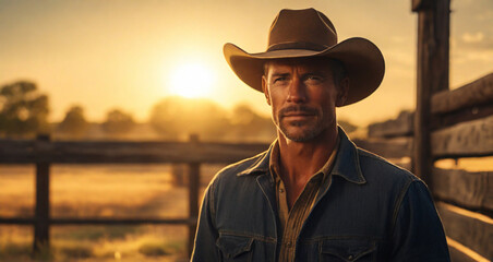 A texan cowboy portrait in the sunset - Generative AI