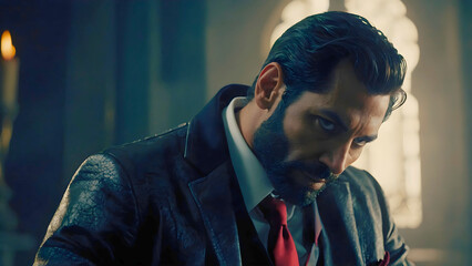 A demon in human form, preparing for his next move, while keeping a close eye on the situation.