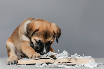 puppy looking down, paws on shredded book