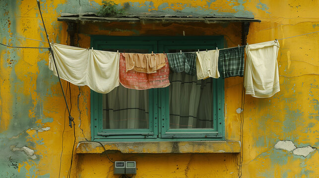 Vintage window on a yellow textured wall with laundry hanging on a clothesline, depicting everyday urban life.