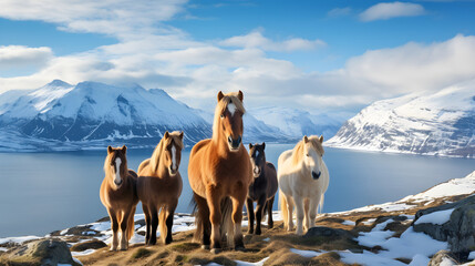 Tranquil Scenes - Fjord Horses Grazing Against Norwegian Landscape - obrazy, fototapety, plakaty