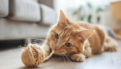 Cute ginger cat playing sisal toy on white floor at white home