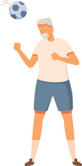 Play outdoor header soccer icon cartoon vector. Elder grand man. Run training adult