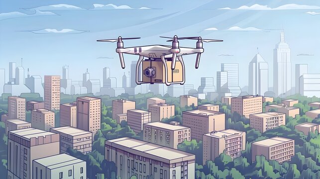 a futuristic urban landscape where drone delivery systems have revolutionized logistics and last-mile services